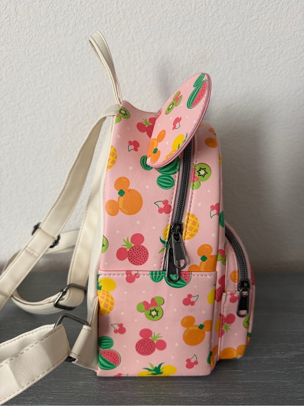 Loungefly Pink Fruit Mickey Ear Mini Backpack with Yellow & Green Accents - Picture 3 of 7